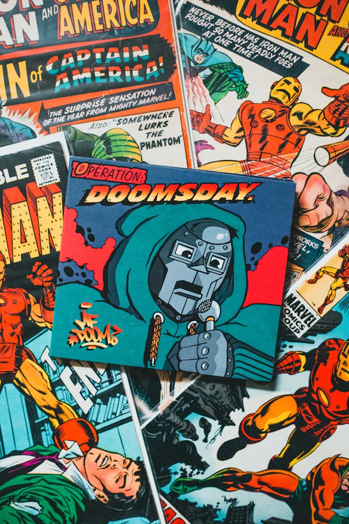 Collection of colorful vintage comic book covers showcasing famous heroes and villains.