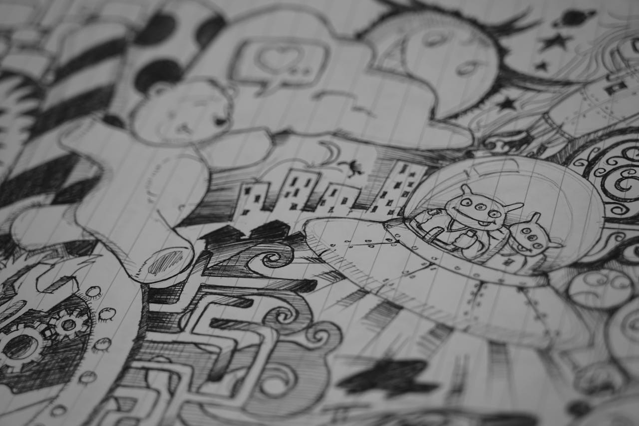 Intricate black and white doodle illustration featuring aliens in a UFO amidst imaginative cityscape and robots.